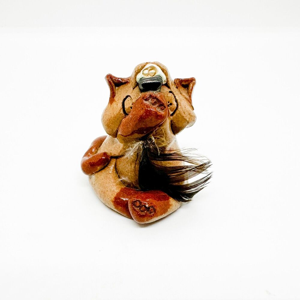 Vintage Ceramic Pottery Cat Figurine Bird Feather